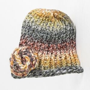 Multicolor Handmade Knit Beanie with Flower Accent